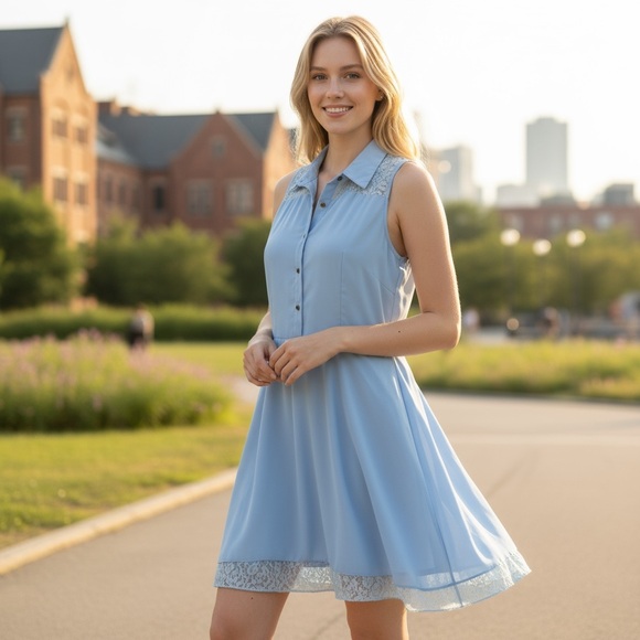 Love By Bayo Dresses & Skirts - Love By Bayo Women's Med Blue Lace Fitted Flare Dress in Baby Blue NWT Lined